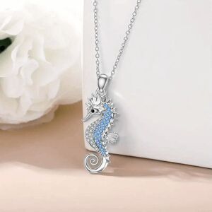 Blue Topaz Diamond Silver Seahorse Necklace